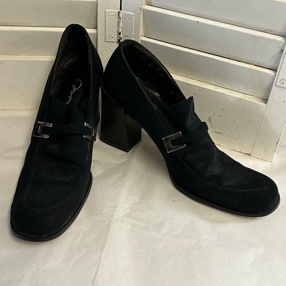 David Aaron vintage chunky heels black microfiber shoes Size 6M